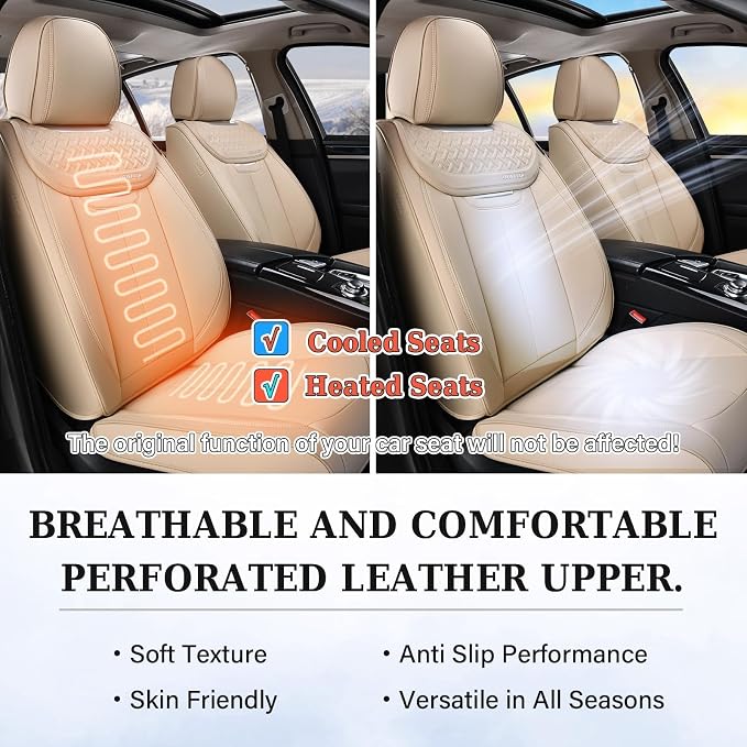 Coverado Car Seat Covers Full Set, Seat Covers Waterproof, Nappa Leather Seat Covers for Cars, Front and Back Car Seat Protector, Breathable Seat Cushion, Seat Cover Universal Fit Most Cars(Beige) - Image 8