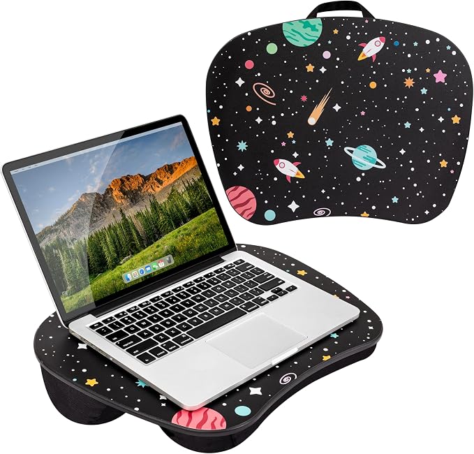 LAPGEAR MyStyle Lap Desk – Space Odyssey, Fits 15.6” Laptops | Dual-Bolster Microbead Cushion, Built-In Carry Handle, Ergonomic Curved Front Edge - Image 7