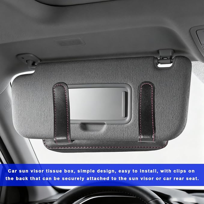 Car Tissue Holder, PU Leather Auto Sun Visor Tissue Case Napkin Holder with Zipper, Rectangular Mask Dispenser Hanging Paper Towel Organizer for Cars SUVs Trucks RVs (Black) - Image 4