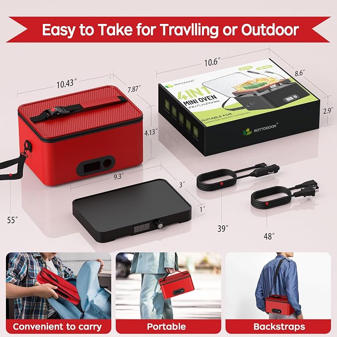 Portable Oven, 12V 24V 110V-240V Car Food Warmer Portable Personal Mini Oven Electric Heated Lunch Box for Meals Reheating & Raw Food Cooking for Road Trip/Camping/Picnic/Family Gathering(Red) - Image 7