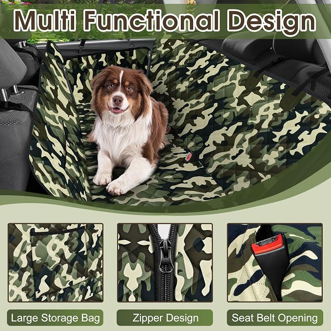 Waterproof Dog Car Seat Cover for Back Seat, Pet Hammock- S, Camouflage | Durable waterproof hammock with nonslip design & storage pockets. Protects seats from scratches, fits cars, SUVs & trucks. - Image 3