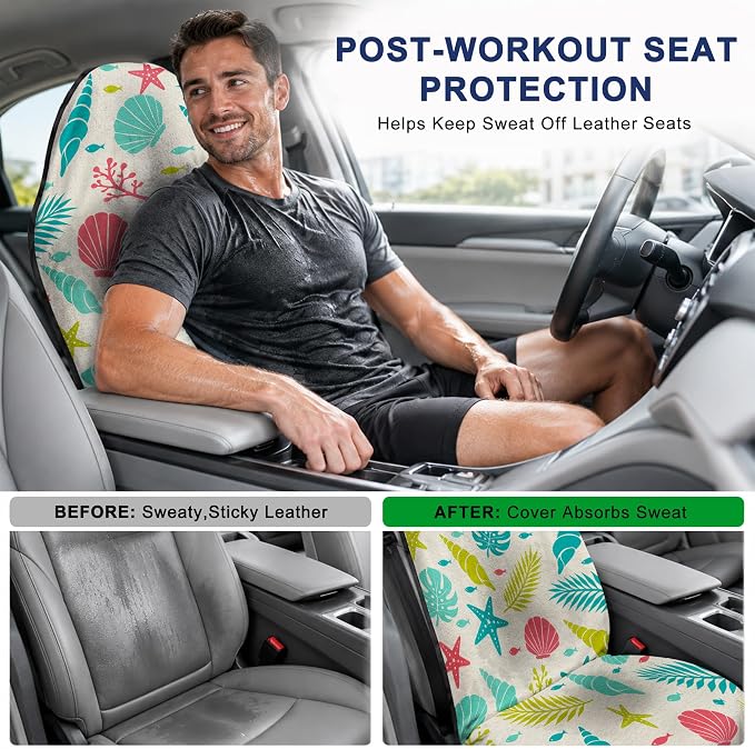 Car Seat Towel Cover 2 Pack for Front Seats, Sweat Absorbent Car Seat Protector with Non-Slip Backing, Waterproof Towel Car Seat Covers for Runners, Gym, Swimming, Beach, Coastal Seashell - Image 4