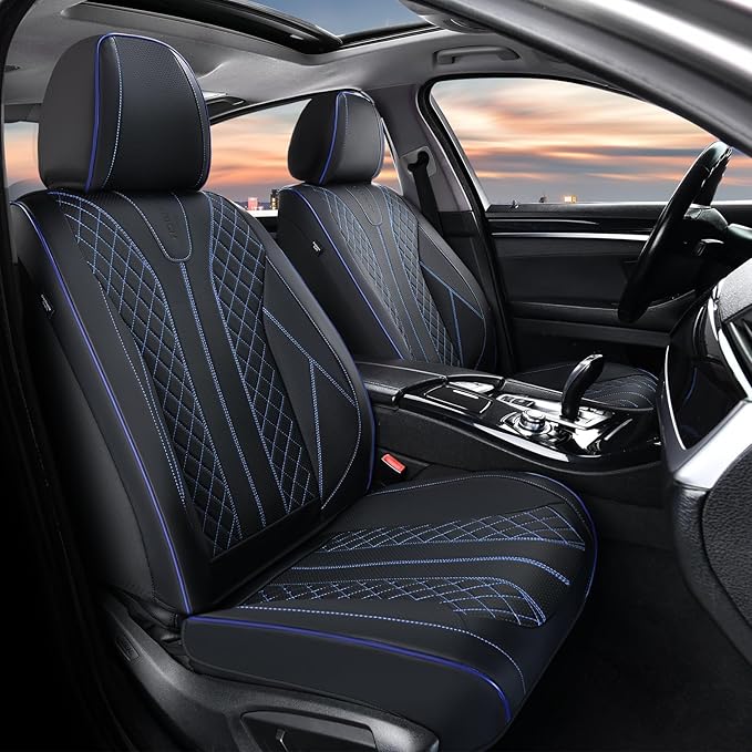 FLORICH Leather Seat Covers for Cars, Car Seat Cover Full Set Luxury Faux Leather Waterproof Seat Cover Full Coverage Seat Protector Universal Fit for Most Cars SUV Trucks, Black&Blue Line - Image 2