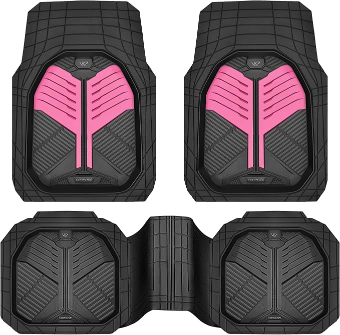 CAR PASS Heavy Duty Rubber Car Mats, Deep Dish Car Floor Mats All Weather, Car Mats Full Set 3-Piece Trim to Fit for Sedans SUVs Trucks,Women Waterproof Anti-Slip Automotive Mats, V12 Black and Pink by CARPASS