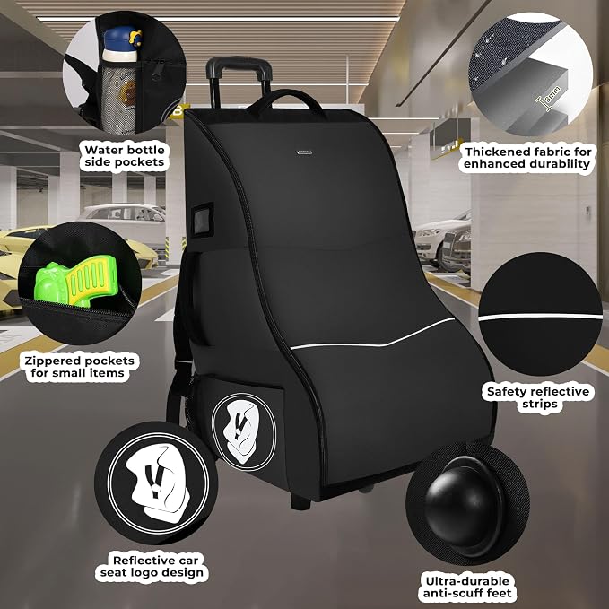 Rolling Car Seat Travel Bag with Wheels – Car Seat Backpack Transport Case for Airplane Travel, Fits Convertible & Booster Seats, Protective Storage Cover, Black - Image 6