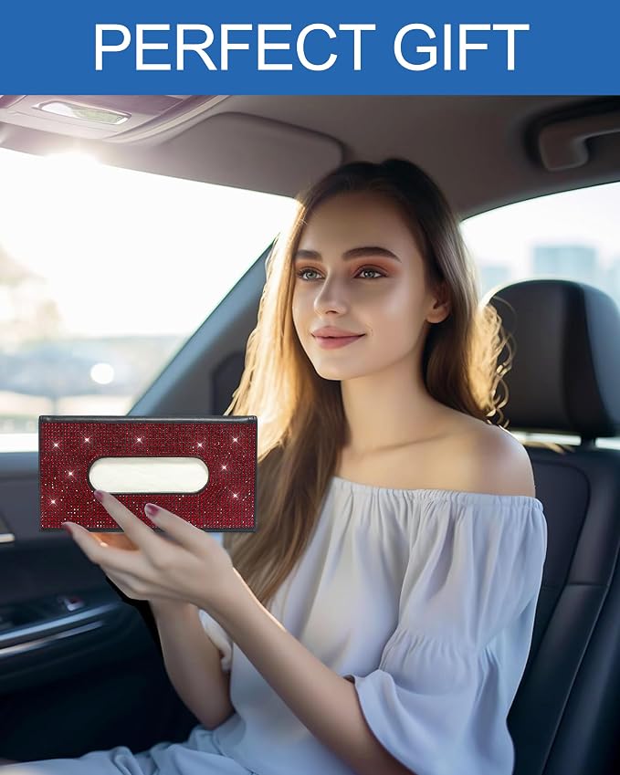 Bling Car Sun Visor Tissue Box Holder, PU Leather Car Napkin Holder, Red | Car Tissue Holder, PU Leather, with Crystal Rhinestones, Backseat Napkin Case, auto interior Accessories, for Women - Image 7