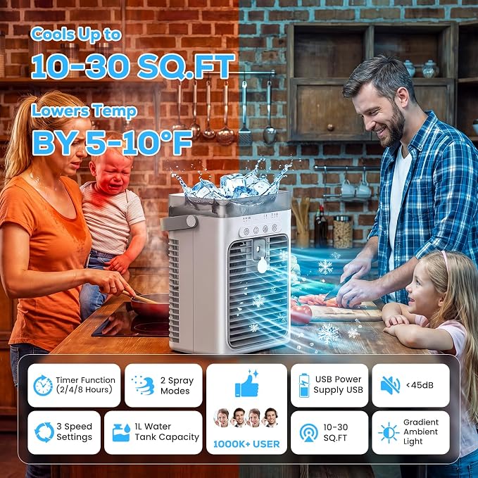 Portable Air Conditioners, Personal Evaporative Air Cooler with 1000ML Water Tank, 3 Speeds & 2 Mist Modes, Portable AC Fan for Car, Caravan, Kitchen, Office Desk - Image 2