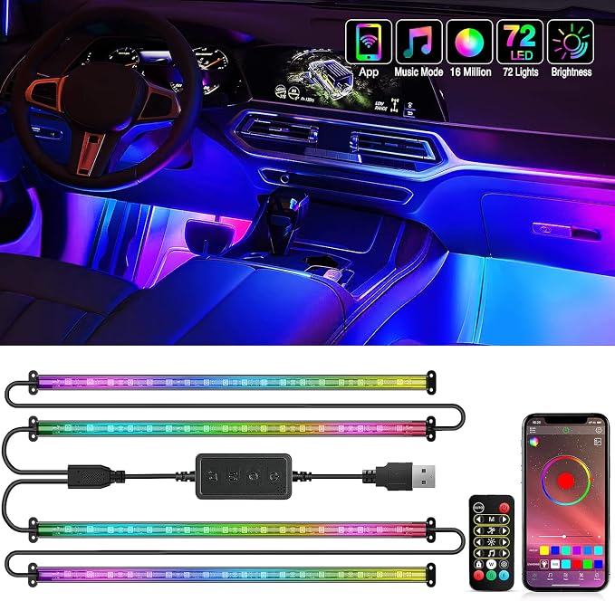 Nilight 4PCS USB Car Interior Lights Dream Color App and Remote Control | 72LED 5V DC RGB-IC Music Car Neon Accent Light Strips Under Dash Lighting Kit with Sound Active Function by Nilight