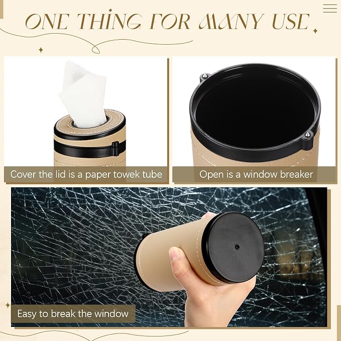 1 Pcs Car Tissues Cylinder Leather Round Container Car Tissues Holder with Tissue Paper with Window Breaker for Vehicle Bathroom Office(Beige) - Image 4