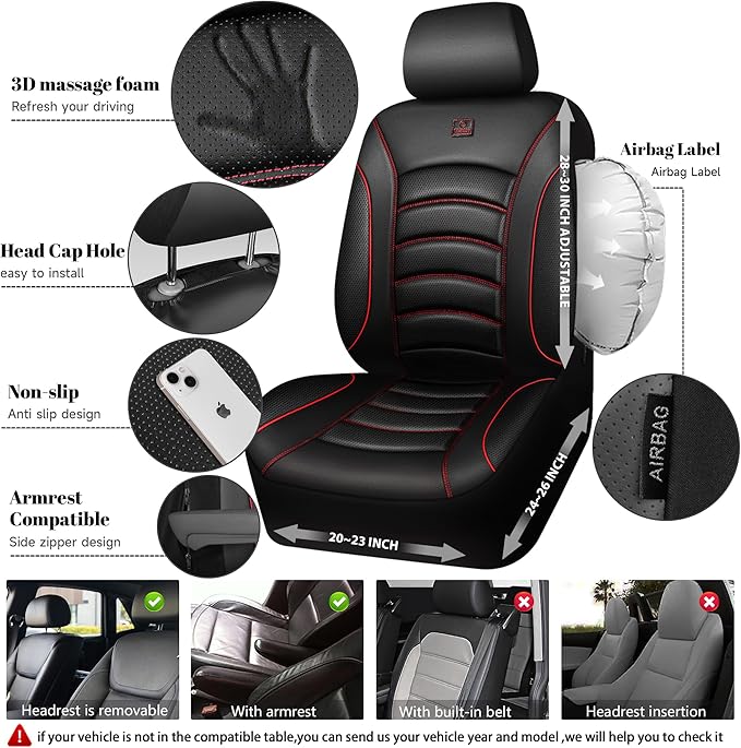 CAR PASS 3D Foam PU Leather Car Seat Covers, Universal Seat Covers Full Sets for Trucks SUV Sedan Automotive Seat Covers Armrest Airbag Compatible Waterproof Comfortable Faux Nappa Leather Black Red - Image 3