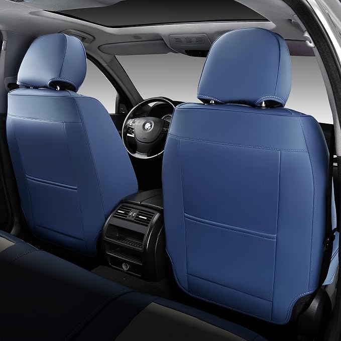 Front Seat Covers, Leather Seat Covers, Universal Car Seat Covers 2PCS, Waterproof Car Seat Protector, Driver Seat Cover Accessories for Trucks SUV Sedans-Blue&White - Image 2