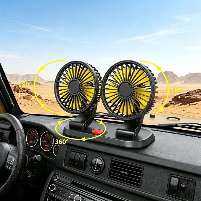 Dual Head 12V Car Fan for SUV Truck RV with No AC,Adjustable Car Cool Fan, Dual Head Design, 2-speed Adjustable, 360° Rotating Portable Car Fan,Powered by Cigarette Lighter - Image 2
