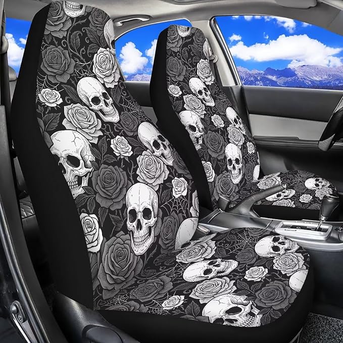 Black White Skull Rose Car Seat Covers Front Seats Bucket Covers | Gothic Halloween Spider Web Automotive Interior Decor Accessories Universal for SUV, Sedan, Van, Truck - Image 6
