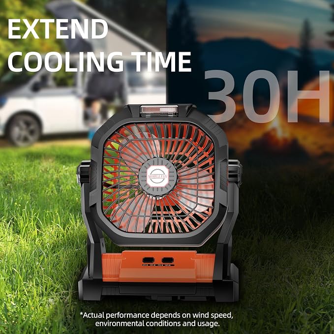 Camping Fan Rechargeable, 20000mAh Battery Powered Portable Fan with LED Light, 4-Speed 180° Adjustable, Camping Essentials for Tent, Travel, Car, Outdoor, Indoor, BBQ, Fishing, Jobsite - Orange - Image 9