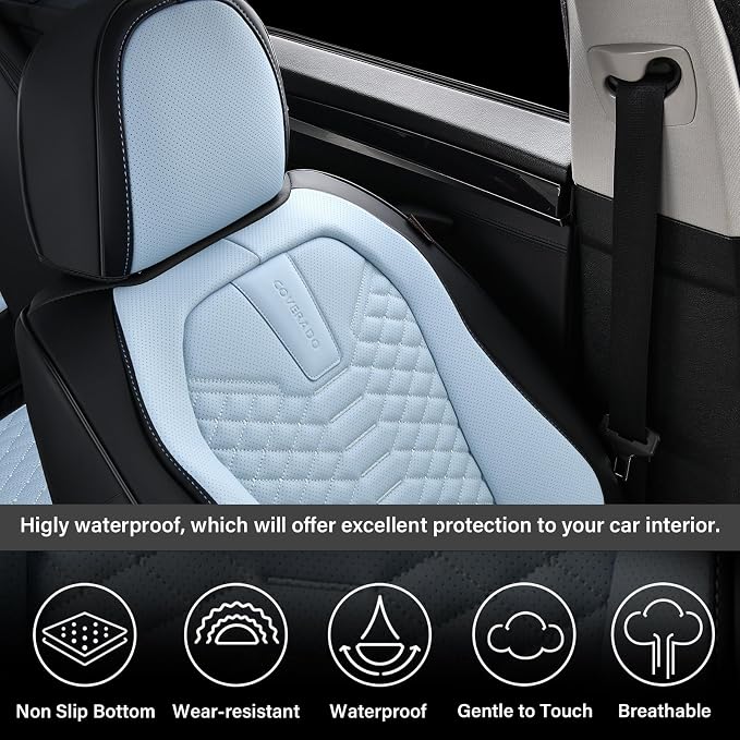 Coverado Leather Seat Covers, Car Seat Covers Full Set, Waterproof Nappa Leather Car Seat Cover, Car Seat Protectors 5 Seats, Black & Blue Automotive Seat Covers Fit for Most Cars Trucks - Image 8