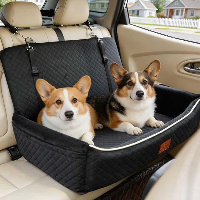 Large Dog Car Seat & Travel Bed-2-in-1 Dog Car Bed for Back Seat,Ultra-Soft Velvet Memory Foam,Snap Hook Seatbelt Loops,Non-Slip Bottom for Pets up to 50 lbs. by VERGODPRODogCarSeatBed