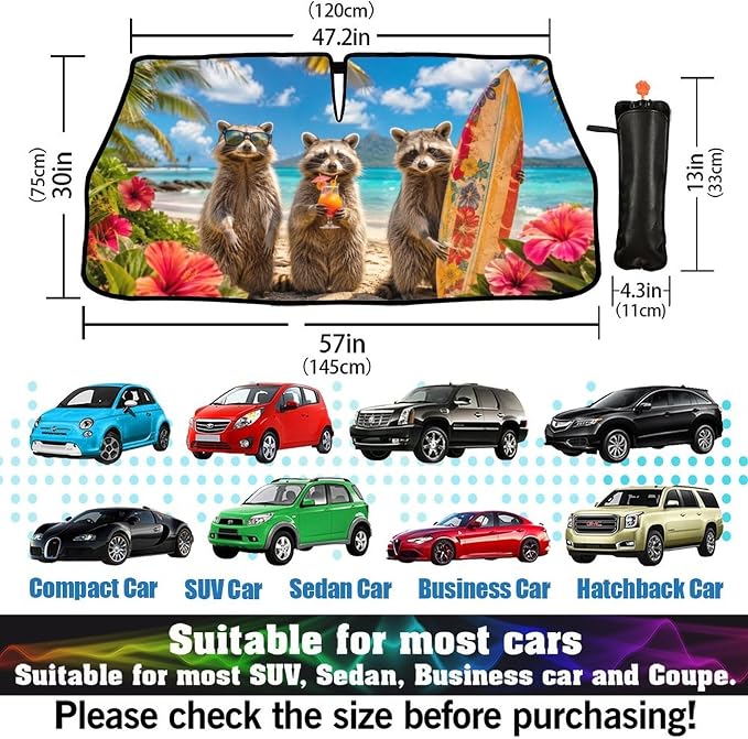 CHILL·TEK Funny Raccoon Car Windshield Sun Shade Umbrella Hawaiian Raccoon Car Sun Shade Umbrella Block UV Rays Heat Foldable Windshield Umbrella Sun Visor Protector - Keep Vehicle Cool for Cars SUV - Image 3