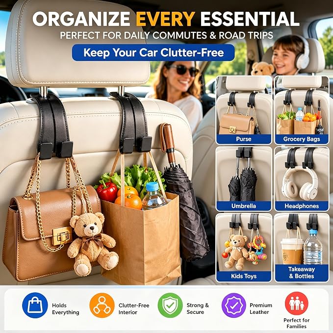 vidonio Car Headrest Hooks, 4 Pack 360° Rotating Double Hooks with Leather-Wrapped Metal Core, Heavy Duty Seat Back Purse Holder for Handbags, Grocery Bags and Backpacks, Black - Image 8