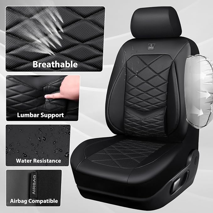 CAR PASS Luxury Nappa Leather Front Seat Covers, Waterproof 3D Foam Seat Covers with Lumbar Support, Breathable Auto Seat Cover Airbag Compatible Universal Fit for Sedan SUV Van Truck, All Black - Image 7