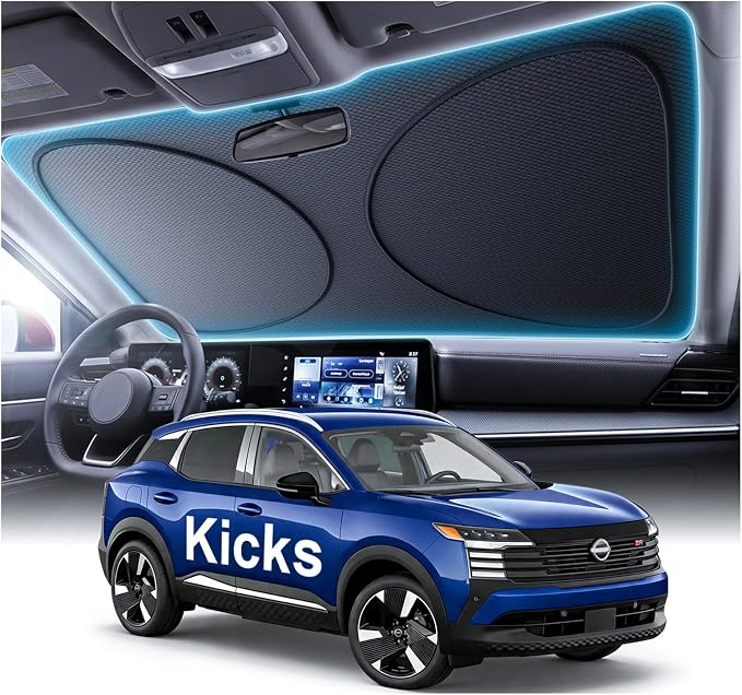 2026 Upgraded Windshield Sun Shade for Nissan Kicks [Precision Custom Fit, Superior UV & Heat Block] Cooling Tech Fabric, Durable Foldable with Storage Bag, Fits 2018-2026 by Unknown