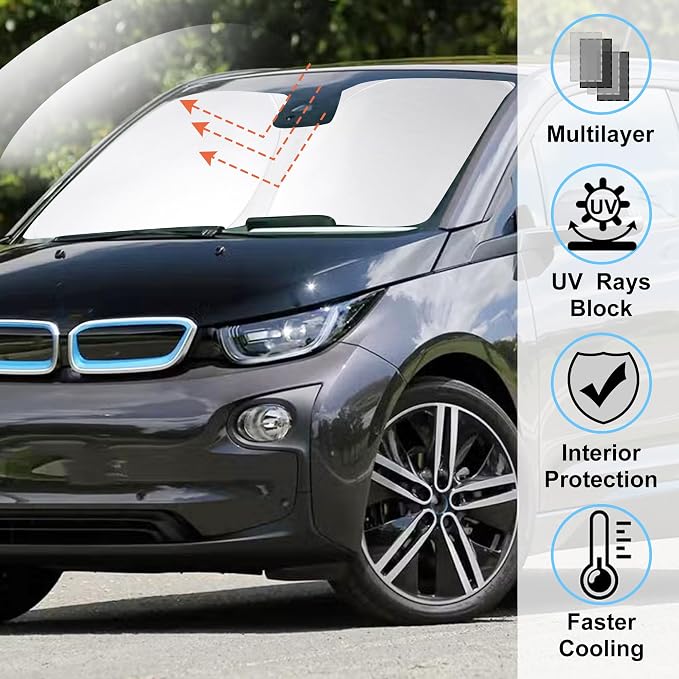 Windshield Sun Shade for 2014-2021 2022 BMW i3 Accessories | Full covered for windshield, Foldable & Durable, Block UV Rays, Reduce Heat, Easy to install, Keep Car Cooler - Image 2