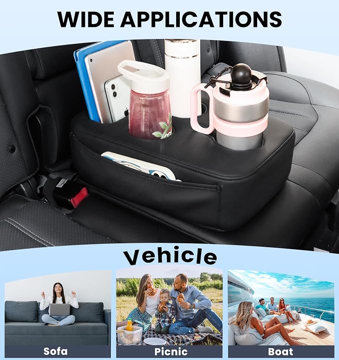 Back Seat Cup Holder for Car, PU Leather Couch Sofa Bed Boat Cup Holder | Console Cup Holder Tray Organizer for Trucks, Minivans, SUVs, RVs, Vehicles, Holds Drinks, Remote, Snacks, with Side Pockets - Image 8