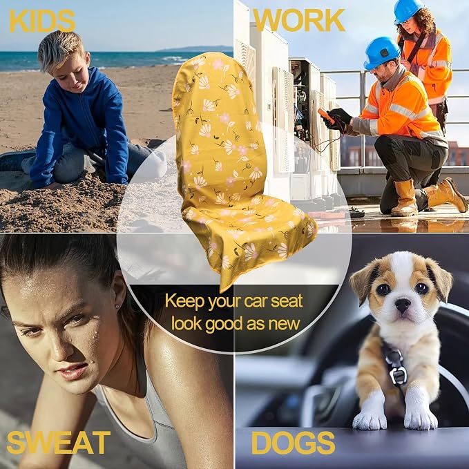 Waterproof Car Seat Cover for Front Seats, Protector for Cars SUVs Trucks, Sweat Towel Seat Covers Bucket for Gym, Workout, Beach, Hiking, Running and Swimming(Chamomile and Yellow, 2PCS) - Image 5