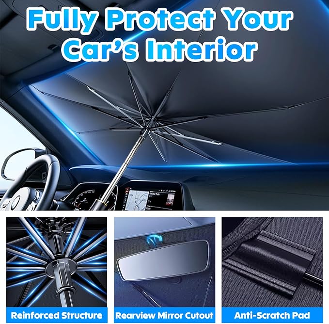 2026 Car Windshield Sun Shade Umbrella, Foldable Car Sunshade with UV Block | Car Front Window Shield, Heat Insulation Protection, 360° Rotation Handle, Storage Bag, Fits SUV Hatchback & MPV (55" x 32”) - Image 4