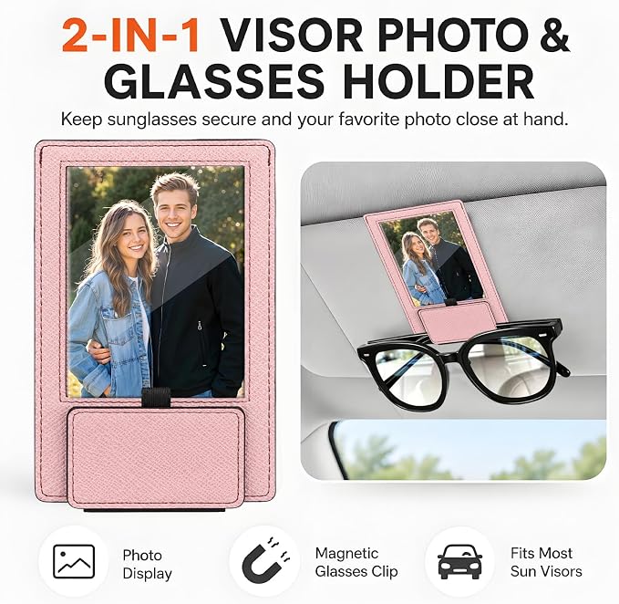 2-in-1 Car Visor Sunglasses & Photo Holder, Magnetic PU Leather Glasses Clip with Picture Display Slot, Universal Sun Visor Organizer for Eyeglasses, Personalized Cards & Memories, Dusty Pink - Image 3
