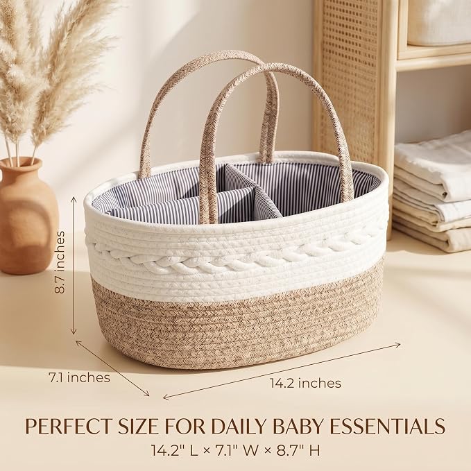 Baby Diaper Caddy Organizer with Removable Compartments, 14.2"L x 7"W x 8.7"H, 100% Handmade Woven Cotton Rope, Portable Nursery Storage Basket for Car and Changing Table, Shower Newborn Gift - Image 4