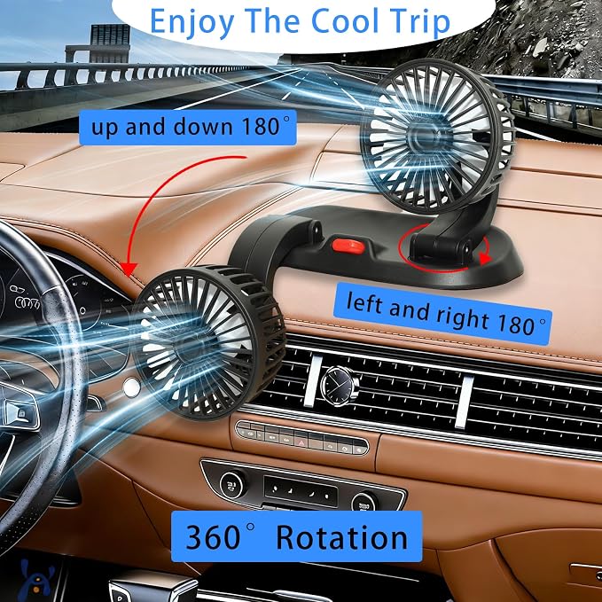 Adjustable Dual Head Car Cooling Fan-Brushless Motor-2 Speeds, 360 Rotation, for Car Dashboard, Powerful Cooling Solution for SUV/RV/Truck/Sedan/Cruise/Office, USB Powered (2-head 5V) - Image 2