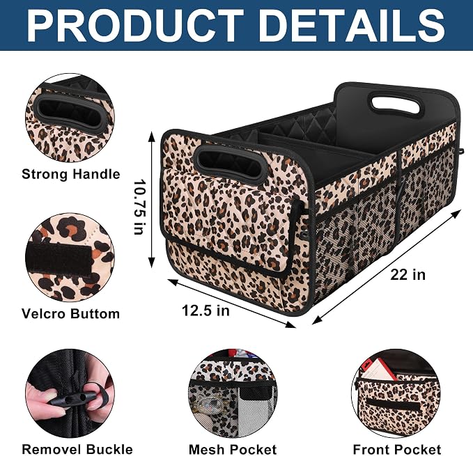 Deosk Trunk Organizer and Storage with Reinforced Handles,Car Accessories for Women/Men 50L Waterproof Polyester Trunk Organzier for Car/SUV/Minivan/Truck(Medium,Leopard print) - Image 3