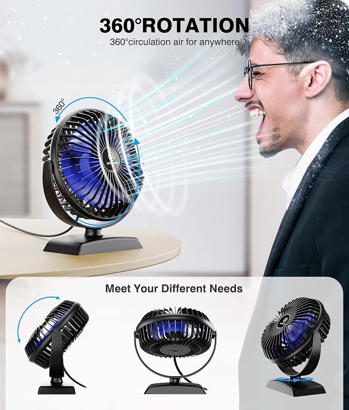 JZCreater USB Desk Fan, 360 Rotation Personal Cooling Fan with 3 Speeds, Quiet, Small, USB Powered for Home, Office, Bedroom, Car, Travel, Black - Image 4