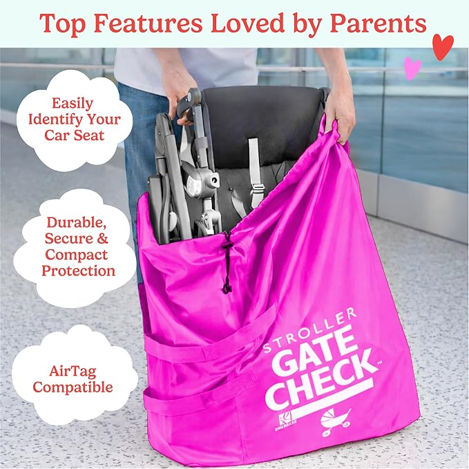 J.L. Childress Gate Check Bag for Single & Double Strollers, Neon Pink | AirTag compatible Gate Check Bag keeps strollers clean, protected & easy to identify when airport gate checking - Image 2