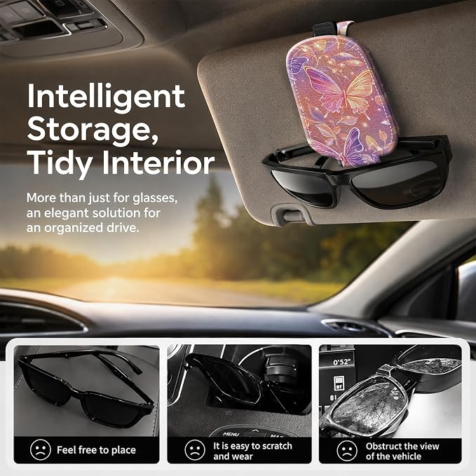 Sunglasses Holder for Car Visor, PU Leather Glasses Clip Organizer, Cute Magnetic Eyeglass Holder for Vehicle Sun Visor, Car Interior Accessory for Women & Men, Star Butterfly - Image 2
