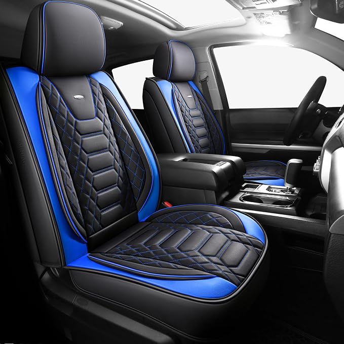 FREESOO Custom Leather for Toyota Tundra Seat Covers 2007-2013 Crewmax Cab | Fit for Crewmax Cab 5 Seats, Full Set, 60/40 Split Bench, Faux Leather, for Truck Toyota Tundra Accessories, BlackBlue by FREESOO