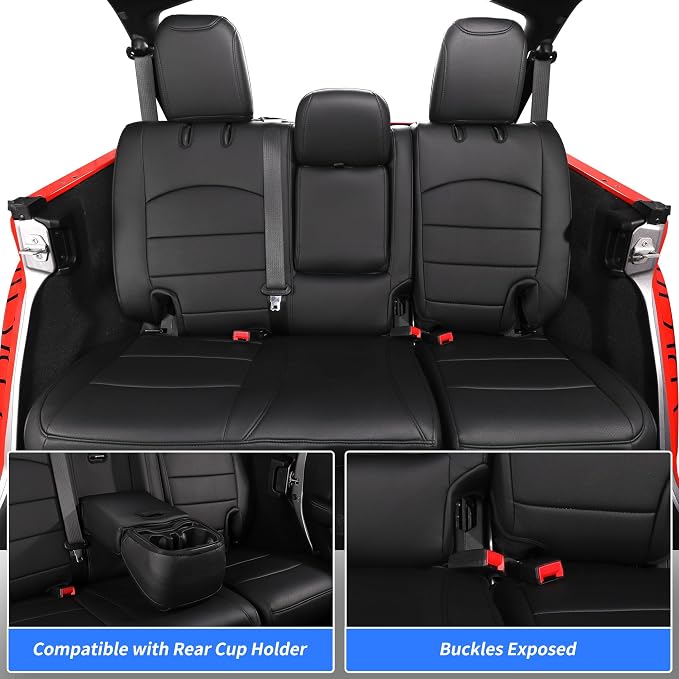 Full Set Seat Covers for 2024-2026 Jeep Wrangler 4drs,Rear w/Armrest(Black) | 1:1 Custom Fit,Factory Look,Easy Installation,Airbag Compatible,Waterproof Faux Leather & Easy to Clean,Pet Friendly - Image 4