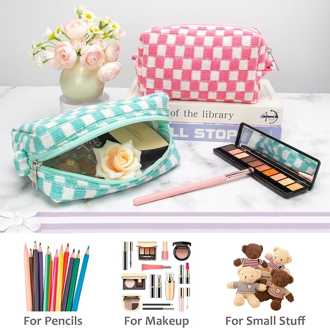 Checkered Makeup Bag for Purse, Small Cosmetic Pouch,Arctic Blue,2 Pack | Cute Zipper Makeup Organizer for Women, Travel Essentials, Toiletries, Makeup Brushes, Beauty Accessories&Bridesmaid Gifts - Image 3