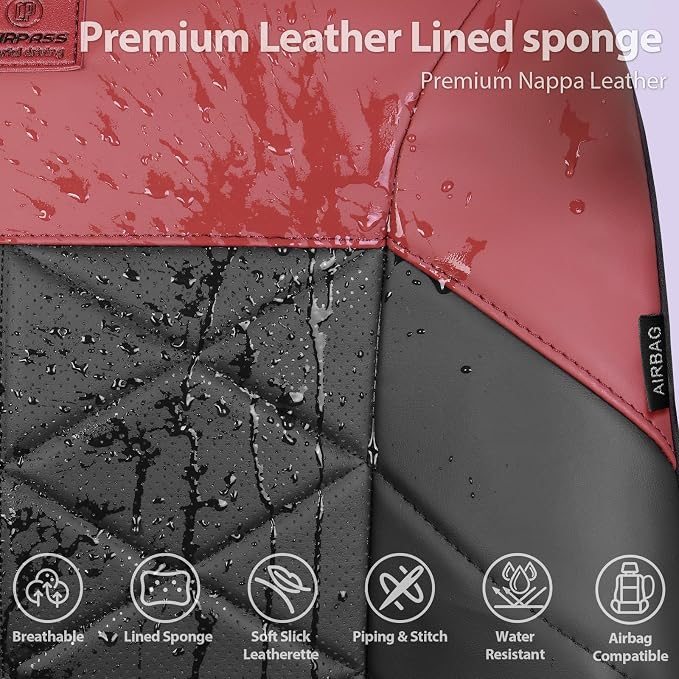 CAR PASS Memory Foam Leather Seat Covers Full Set, Breathable Perforated Nappa Leather Seat Covers Universal Fit for Most Sedans,SUV,Trucks Thick 3D Foam Comfort, Airbag Compatible Black Burgundy Red - Image 3