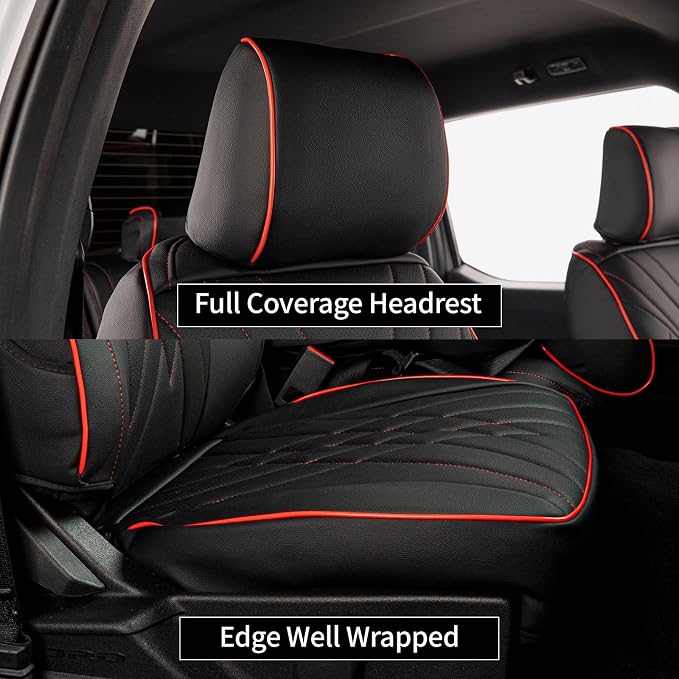 EKR F150 Seat Covers for (4 Door,SuperCrew) 2015-2020 Ford F150 & (CrewCab) 2017-2022 F250/F350/F450 SuperDuty Limited/King Ranch/Lariat/Platinum Full Set,Faux Leather(Black with Red Trim) - Image 3