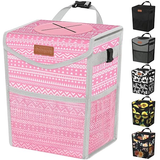 Pritent Car Trash Can with Lid Leakproof Car Garbage Bag Vehicle Trash Bin | Hanging Automotive Garbage Can,Multipurpose Car Accessories for Women Men Interior Car Storage Organizer(2.8 Gal,Pink Print) by Pritent