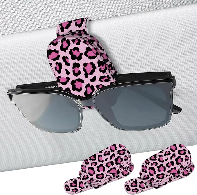2 Pack Sunglass Holder for Car Visor, Universal Magnetic Car Sunglass Holder for Different Size Eyeglasses, Car Visor Accessories (Leopard-Pink) by Unknown