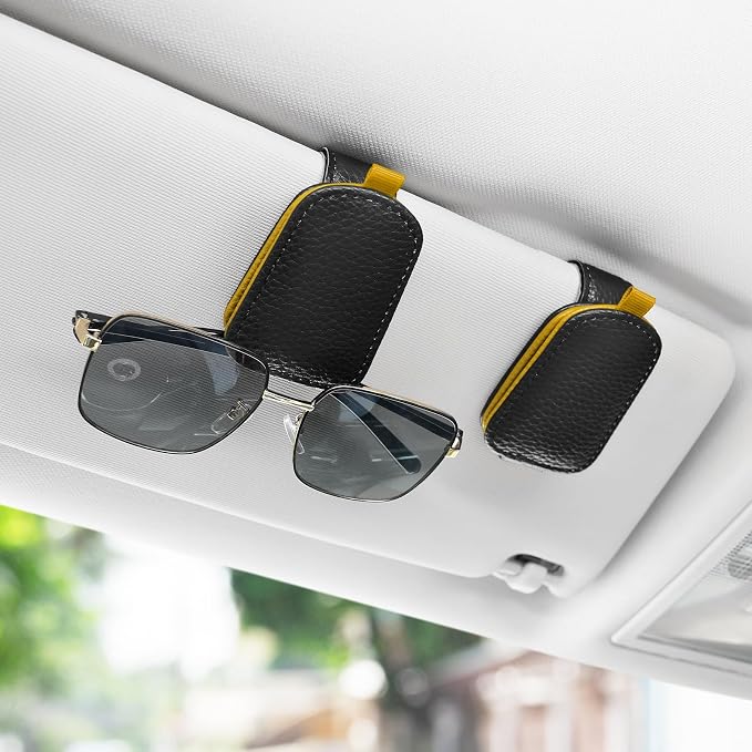 SINGARO Sunglasses Holder for Car, Leather Magnetic Buckle Sun Visor Sunglass Clip, Ticket Card Storage Glasses Clip, Car Interior Accessories for Men and Women（Black-Yellow） - Image 2