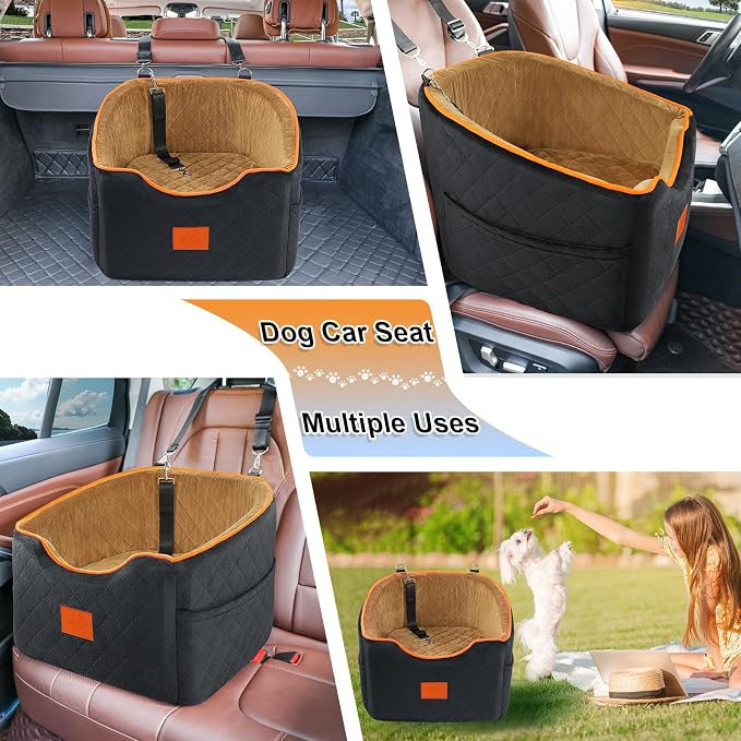 XIEEAOZEE Dog Car Seat for Small/Medium Dogs & Cats Under 35 lbs | Memory Foam Booster Dog Seat, Travel Safety Pet Car Seat with Washable Removable Cover, Storage Pockets (Black/Brown) - Image 7