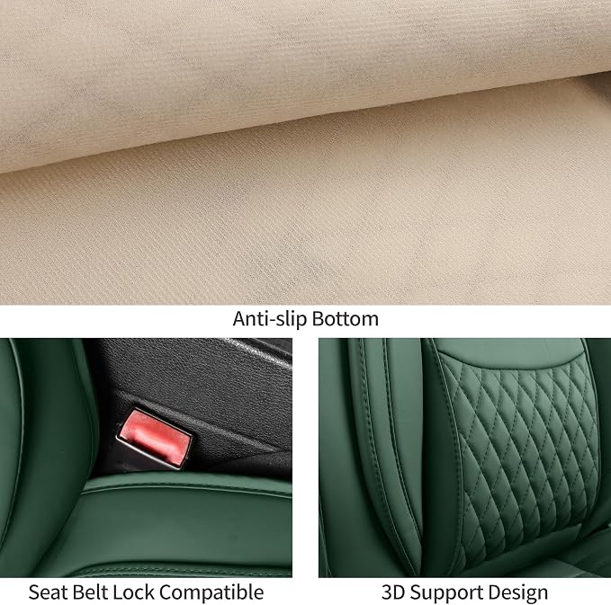 Green Thick Nappa Leather Automotive Front Car Seat Covers Set of 2 | Univerasal Fit,Lumbar Support,3D Contoured,Semi Coverage,Waterproof,ThickTexture,for most Suvs Trucks Sedans - Image 8