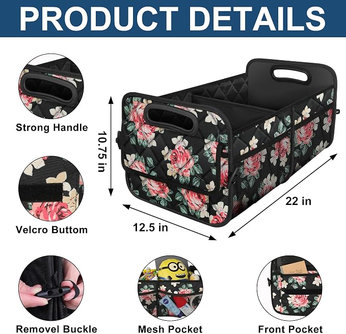 Deosk Trunk Organizer and Storage with Reinforced Handles,Car Accessories for Women/Men 50L Waterproof Polyester Trunk Organzier for Car/SUV/Minivan/Truck(Medium, Floral) - Image 3