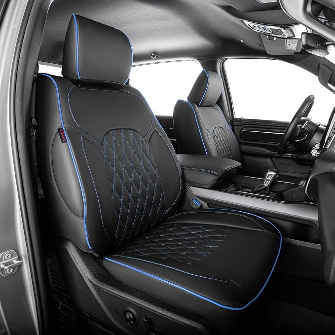 EKR Ram 1500 Seat Covers Custom Fit for (Crew Cab) RAM 1500 Tradesman 2019-2025 & Express 2026,Waterproof Leather Black Car Seat Cover for Trucks Full Set-Faux Leather (Black with Blue Piping) by EKR
