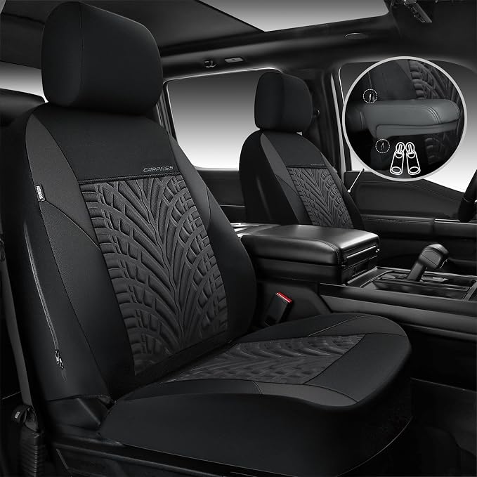CAR PASS Neoprene Waterproof Seat Covers Two Front, Wetsuit Car Seat Covers 2pcs Universal Fit for Vans, Truck, SUV, 3D Tyre Embossed Seat Covers Anti Slip with Armrests, Aibag Compatible(Black Gray) - Image 2