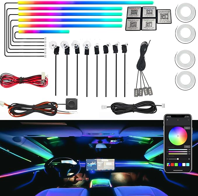 Dreamcolor Acrylic Interior Car LED Strip Light, RGB 22 in 1 Fiber Optic Ambient Lighting Kits, 16 Million Colors Sound Active Function Car Neon Lights with Wireless APP by UWDESY