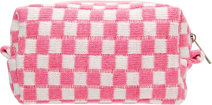 PAZIMIIK Checkered Makeup Bag for Purse, Small Travel Cosmetic Pouch,Pink | Cute Zipper Makeup Organizer for Women, Travel Essentials, Toiletries, Makeup Brushes, Beauty Accessories&Bridesmaid Gifts by PAZIMIIK